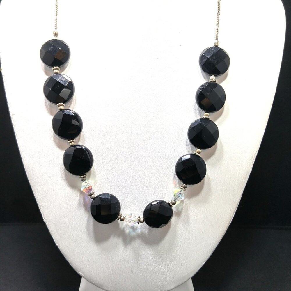 Vintage Large Black AB Crystal Beaded Necklace, 25 Inches, Strung on Wire, 25 In